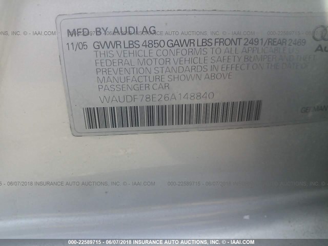 WAUDF78E26A148840 - 2006 AUDI A4 2.0T QUATTRO SILVER photo 9