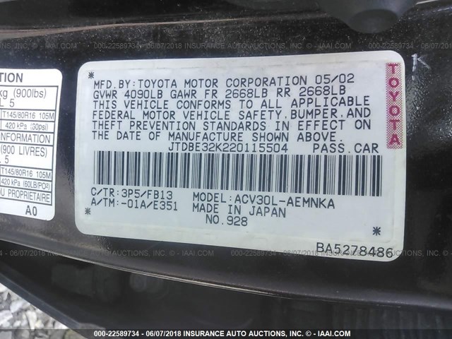 JTDBE32K220115504 - 2002 TOYOTA CAMRY LE/XLE/SE BROWN photo 9