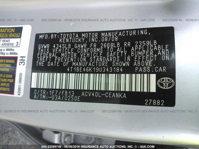 4T1BE46K19U343184 - 2009 TOYOTA CAMRY SE/LE/XLE 浅蓝色 照片 9