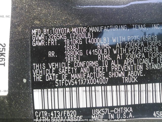 5TFCV541X7X004007 - 2007 TOYOTA TUNDRA DOUBLE CAB SR5 SILVER photo 9