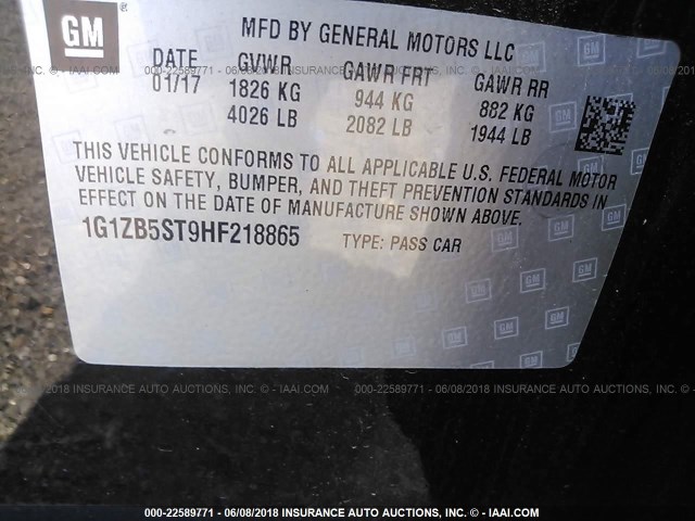 1G1ZB5ST9HF218865 - 2017 CHEVROLET MALIBU LS შავი ფოტო 9