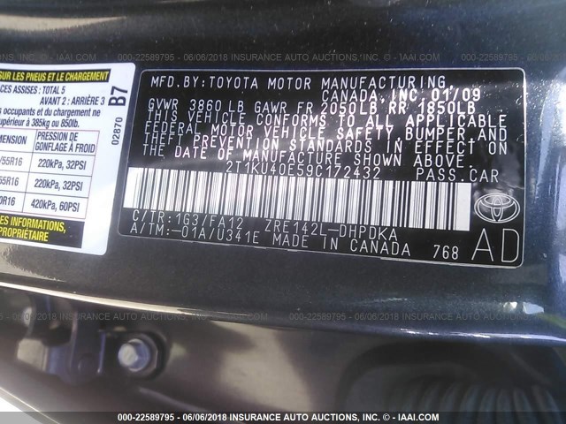 2T1KU40E59C172432 - 2009 TOYOTA COROLLA MATRIX  GRAY photo 9