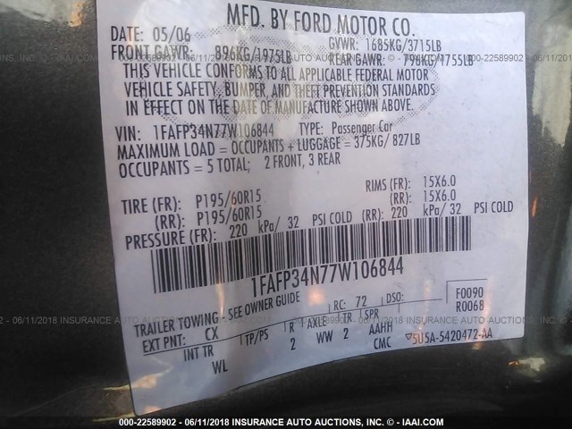 1FAFP34N77W106844 - 2007 FORD FOCUS ZX4/S/SE/SES 灰色 照片 9