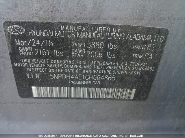 5NPDH4AE1GH664865 - 2016 HYUNDAI ELANTRA SE/SPORT/LIMITED GRAY photo 9