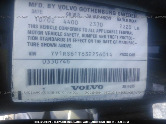 YV1RS61T632256014 - 2003 VOLVO S60 BLACK photo 9