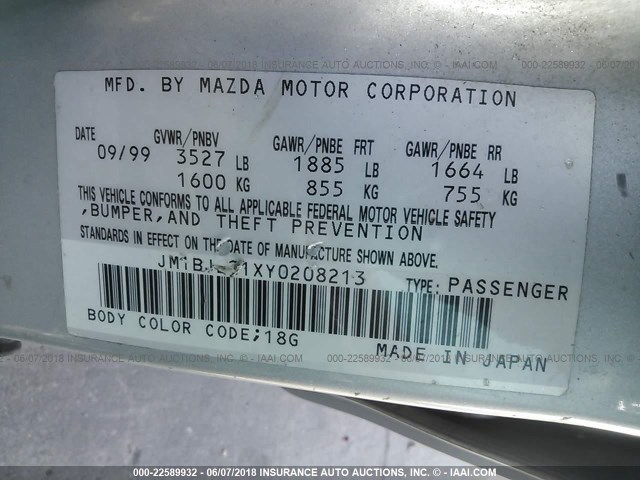 JM1BJ221XY0208213 - 2000 MAZDA PROTEGE ES SILVER photo 9