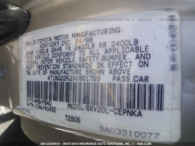 4T1BG22K2XU901769 - 1999 TOYOTA CAMRY CE/LE/XLE GOLD photo 9