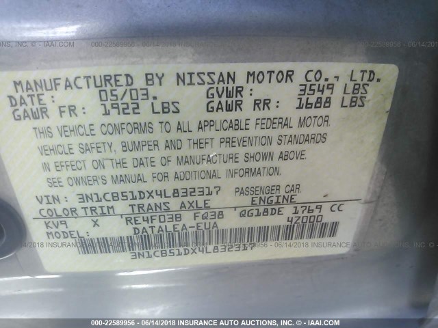 3N1CB51DX4L832317 - 2004 NISSAN SENTRA 1.8/1.8S SILVER photo 9