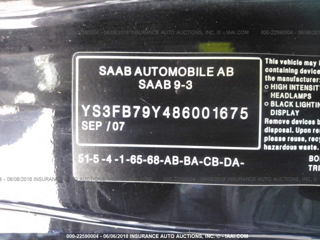 YS3FB79Y486001675 - 2008 SAAB 9-3 2.0T BLACK photo 9