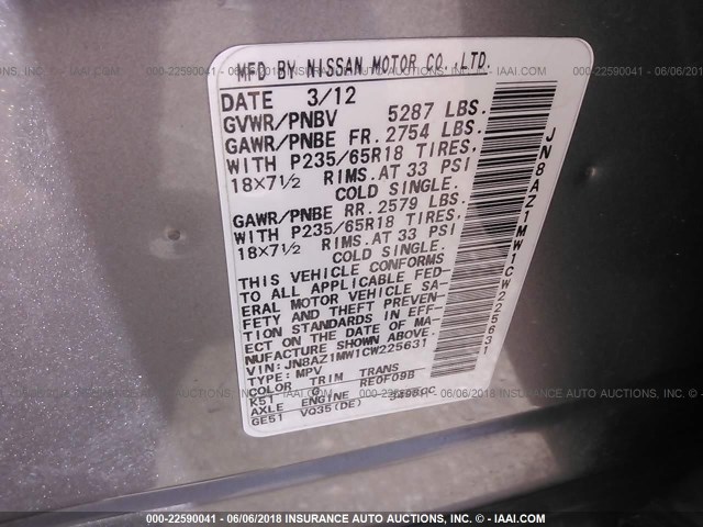 JN8AZ1MW1CW225631 - 2012 NISSAN MURANO S/SL/LE GRAY photo 9