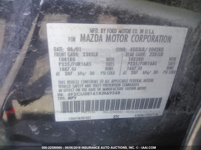 4F2CU08161KM69548 - 2001 MAZDA TRIBUTE LX/ES 黑色 照片 9