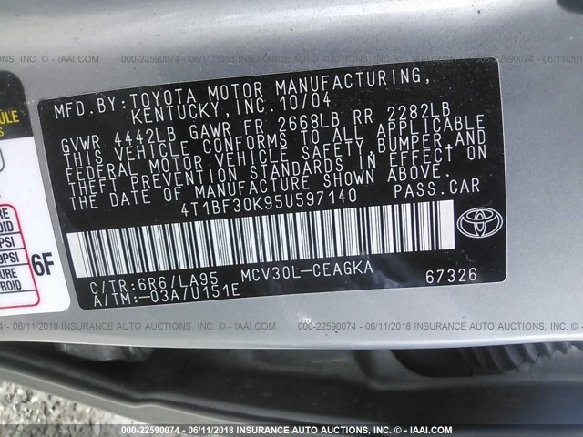 4T1BF30K95U597140 - 2005 TOYOTA CAMRY LE/XLE/SE 灰色 照片 9