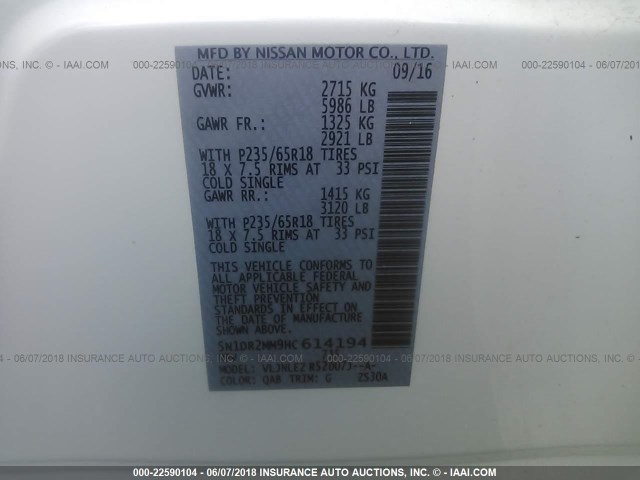 5N1DR2MM9HC614194 - 2017 NISSAN PATHFINDER S/SV/SL/PLATINUM 白色 照片 9