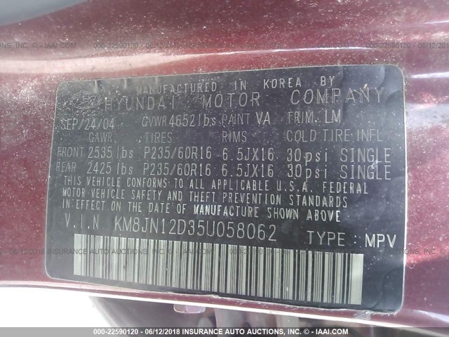 KM8JN12D35U058062 - 2005 HYUNDAI TUCSON GLS/LX RED photo 9