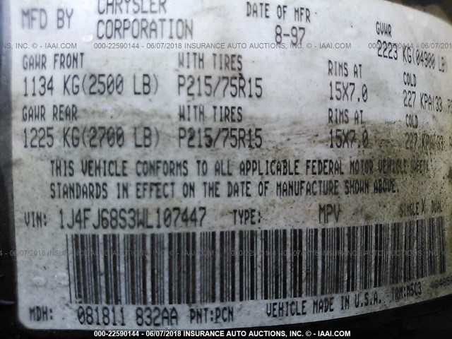 1J4FJ68S3WL107447 - 1998 JEEP CHEROKEE SPORT/CLASSIC ლურჯი ფოტო 9