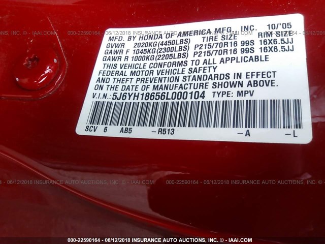 5J6YH18656L000104 - 2006 HONDA ELEMENT EX RED photo 9