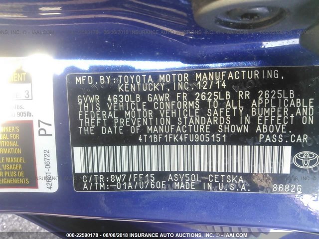4T1BF1FK4FU905151 - 2015 TOYOTA CAMRY LE/XLE/SE/XSE BLUE photo 9
