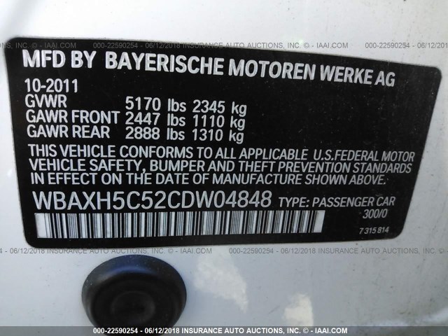 WBAXH5C52CDW04848 - 2012 BMW 528 XI WHITE photo 9