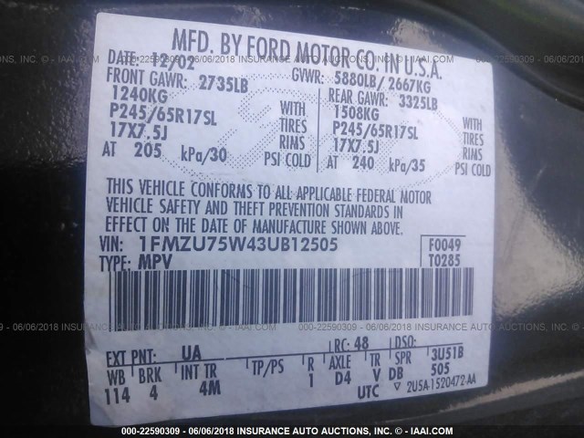 1FMZU75W43UB12505 - 2003 FORD EXPLORER LIMITED 黑色 照片 9