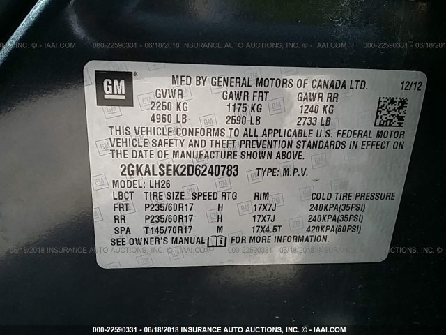 2GKALSEK2D6240783 - 2013 GMC TERRAIN SLE BLACK photo 9