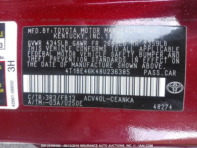 4T1BE46K48U236385 - 2008 TOYOTA CAMRY CE/LE/XLE/SE RED photo 9