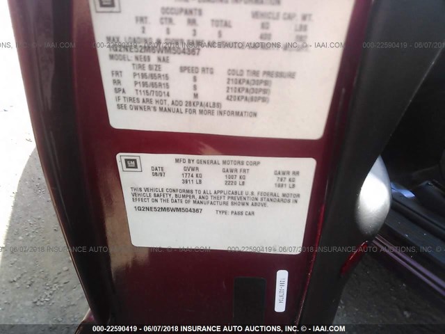 1G2NE52M6WM504367 - 1998 PONTIAC GRAND AM SE BURGUNDY photo 9