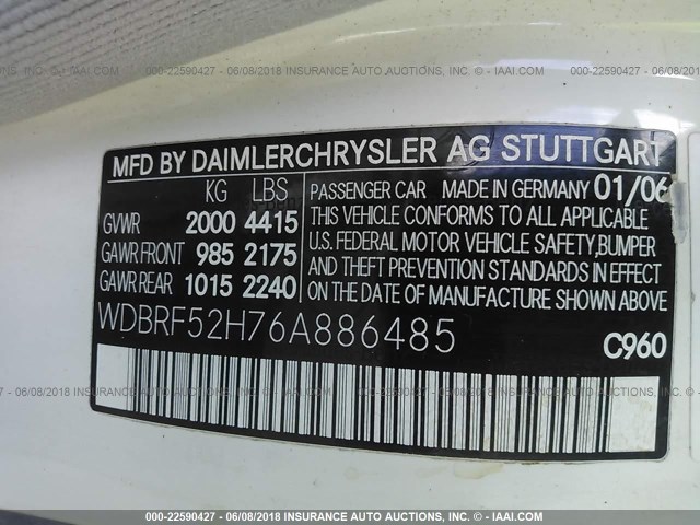 WDBRF52H76A886485 - 2006 MERCEDES-BENZ C GENERATION 2006 230 WHITE photo 9