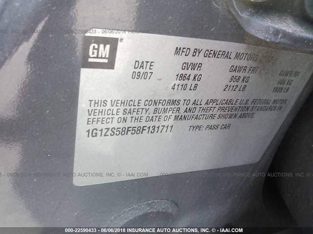 1G1ZS58F58F131711 - 2008 CHEVROLET MALIBU LS GRAY photo 9