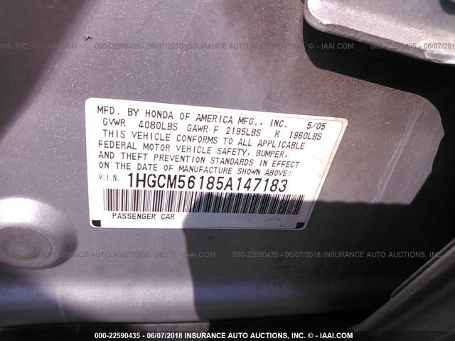 1HGCM56185A147183 - 2005 HONDA ACCORD DX SILVER photo 9