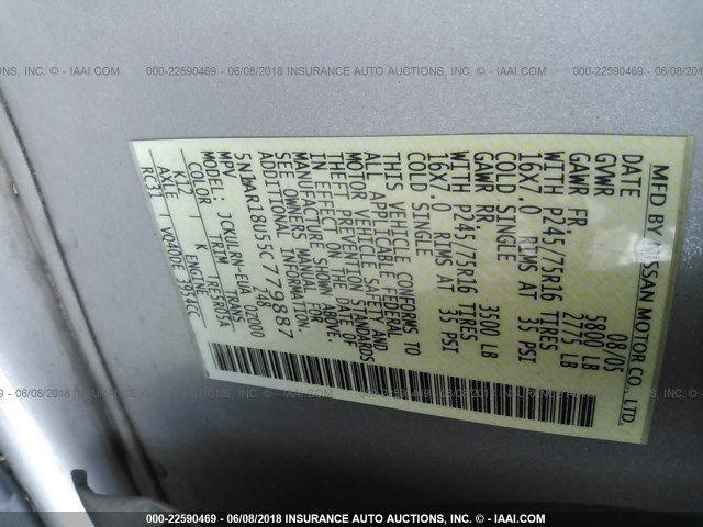 5N1AR18U55C779887 - 2005 NISSAN PATHFINDER LE/SE/XE SILVER photo 9