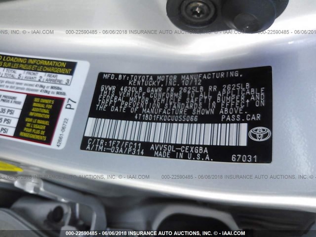 4T1BD1FK0CU055066 - 2012 TOYOTA CAMRY HYBRID/LE/XLE 银色 照片 9