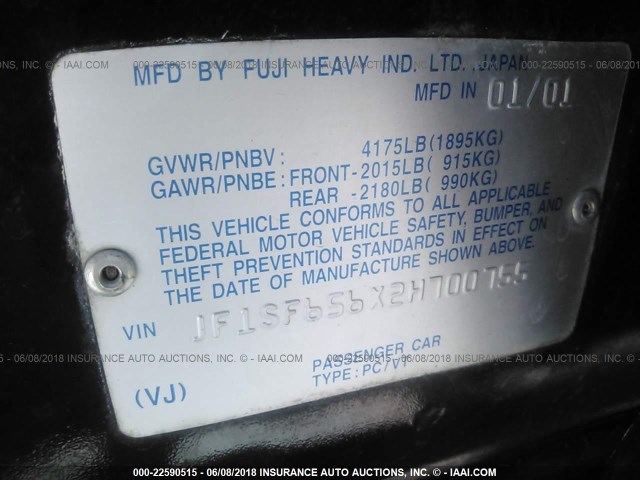 JF1SF656X2H700755 - 2002 SUBARU FORESTER S BLACK photo 9