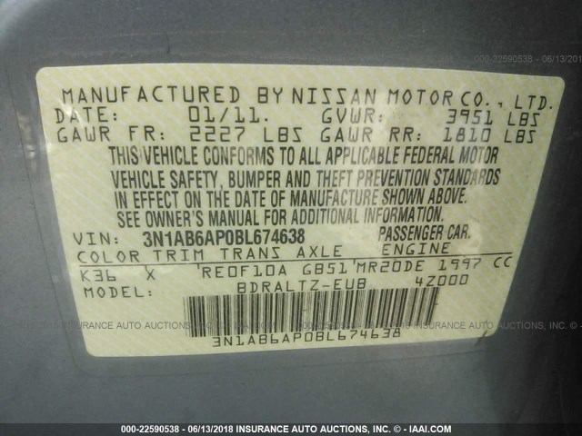 3N1AB6AP0BL674638 - 2011 NISSAN SENTRA 2.0/2.0S/SR/2.0SL SILVER photo 9