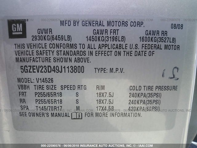 5GZEV23D49J113800 - 2009 SATURN OUTLOOK XR ვერცხლისფერი ფოტო 9