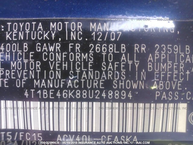 4T1BE46K88U248894 - 2008 TOYOTA CAMRY CE/LE/XLE/SE BLUE photo 9