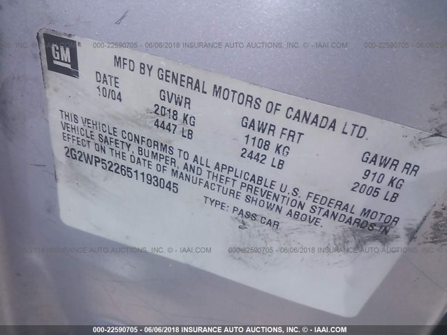 2G2WP522651193045 - 2005 PONTIAC GRAND PRIX SILVER photo 9