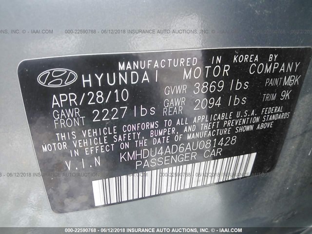 KMHDU4AD6AU081428 - 2010 HYUNDAI ELANTRA BLUE/GLS/SE GRAY photo 9