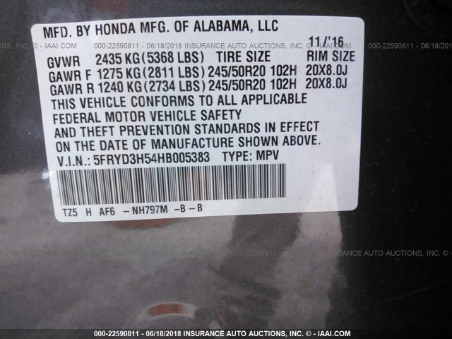 5FRYD3H54HB005383 - 2017 ACURA MDX TECHNOLOGY GRAY photo 9