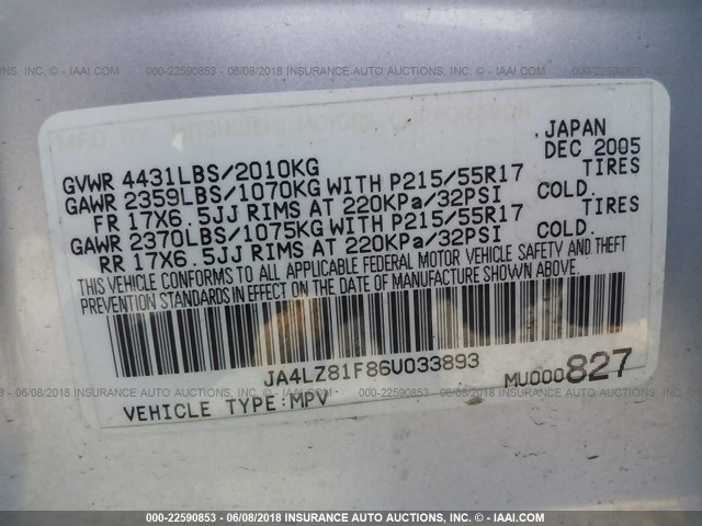 JA4LZ81F86U033893 - 2006 MITSUBISHI OUTLANDER LIMITED SILVER photo 9