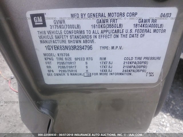 1GYEK63N93R284796 - 2003 CADILLAC ESCALADE LUXURY 金色 照片 9