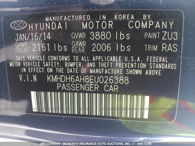 KMHDH6AH8EU026388 - 2014 HYUNDAI ELANTRA COUPE GS/SE BLUE photo 9