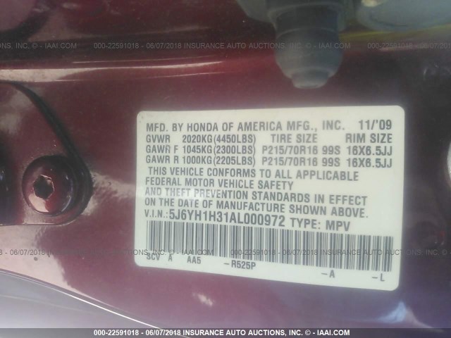 5J6YH1H31AL000972 - 2010 HONDA ELEMENT LX MAROON photo 9