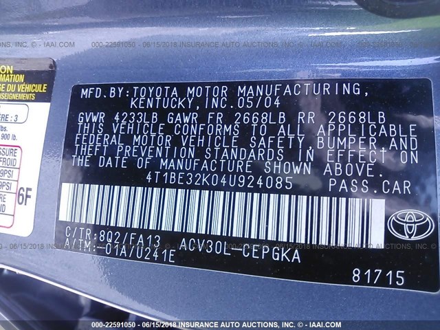 4T1BE32K04U924085 - 2004 TOYOTA CAMRY LE/XLE/SE 蓝色 照片 9