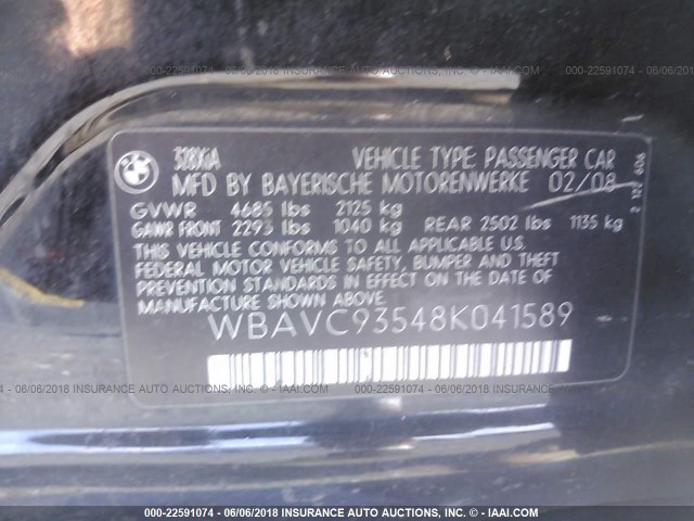 WBAVC93548K041589 - 2008 BMW 328 XI BLACK photo 9