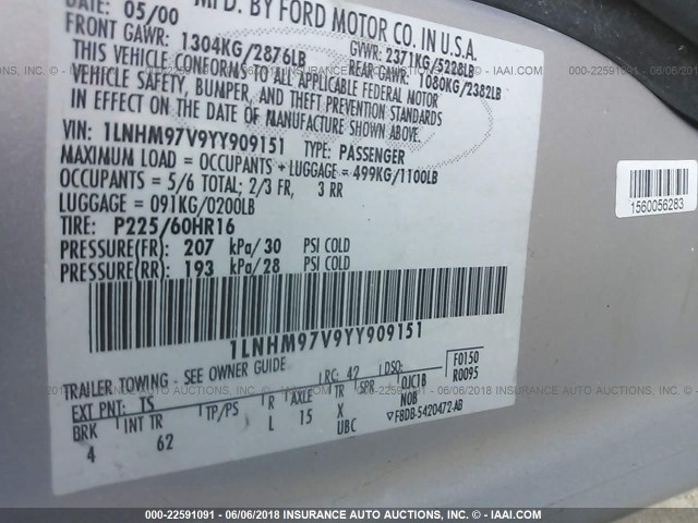 1LNHM97V9YY909151 - 2000 LINCOLN CONTINENTAL  Srebrny zdjęcie 9