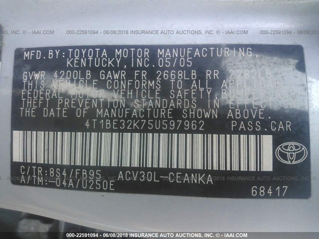 4T1BE32K75U597962 - 2005 TOYOTA CAMRY LE/XLE/SE ღია ლურჯი ფოტო 9