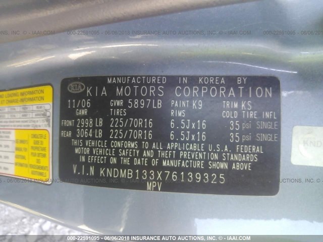 KNDMB133X76139325 - 2007 KIA SEDONA EX/LX BLUE photo 9