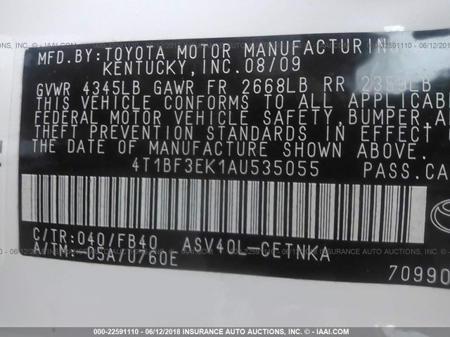 4T1BF3EK1AU535055 - 2010 TOYOTA CAMRY SE/LE/XLE WHITE photo 9