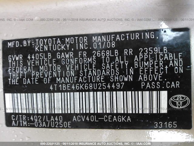 4T1BE46K68U254497 - 2008 TOYOTA CAMRY CE/LE/XLE/SE GOLD photo 9