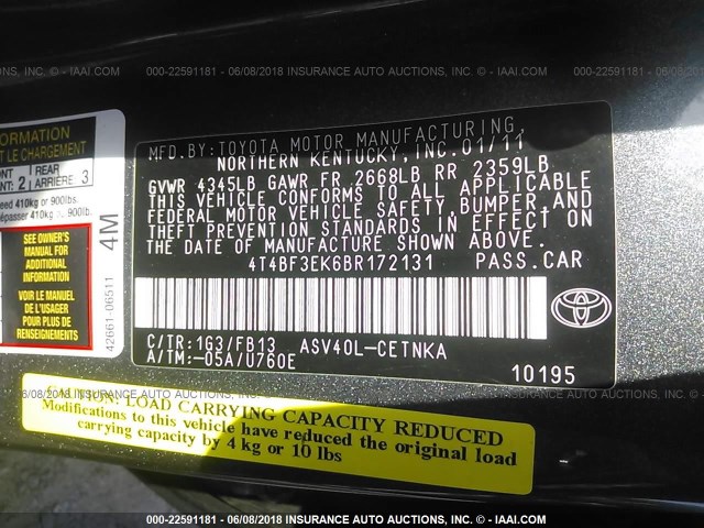 4T4BF3EK6BR172131 - 2011 TOYOTA CAMRY SE/LE/XLE SILVER photo 9